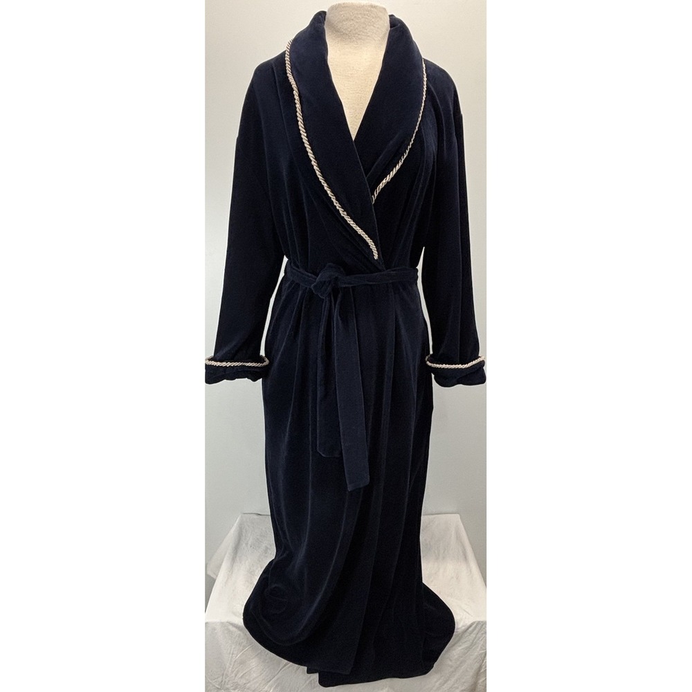 Vtg Diamond Tea Velvet Velour Robe Sz Medium Women's Navy Corded Trim Long Heavy